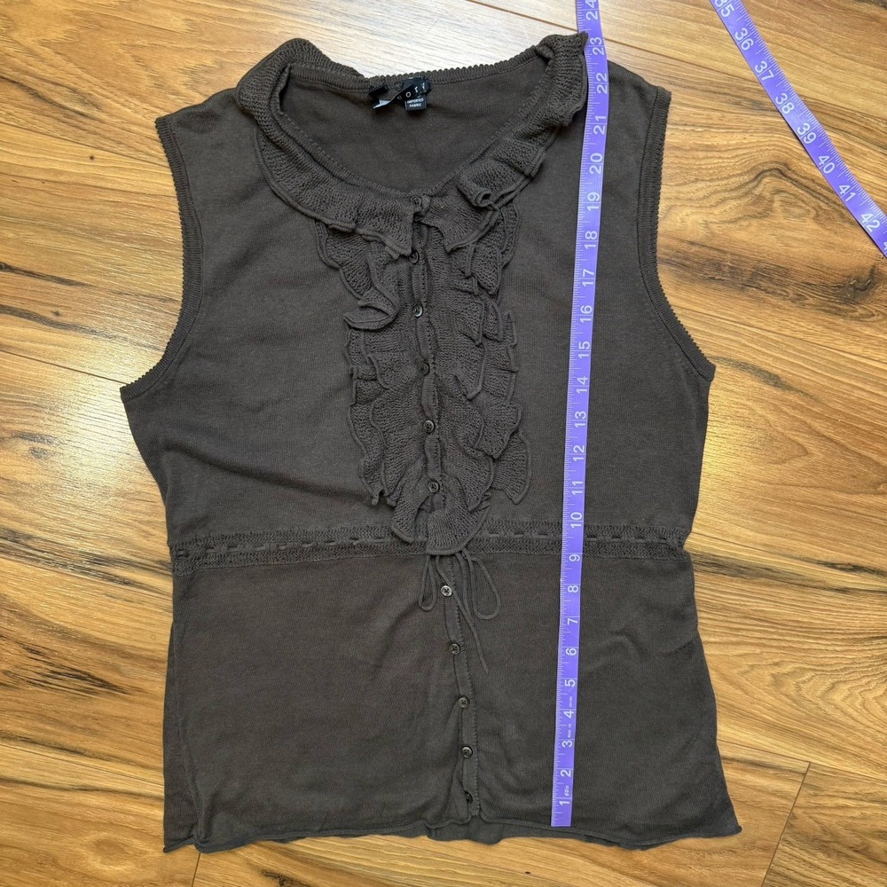 VTG Theory y2k Sz M Ruffle Knit Sleeveless Top‎ Tie Waist Brown Fairy Grunge - Picture 10 of 10